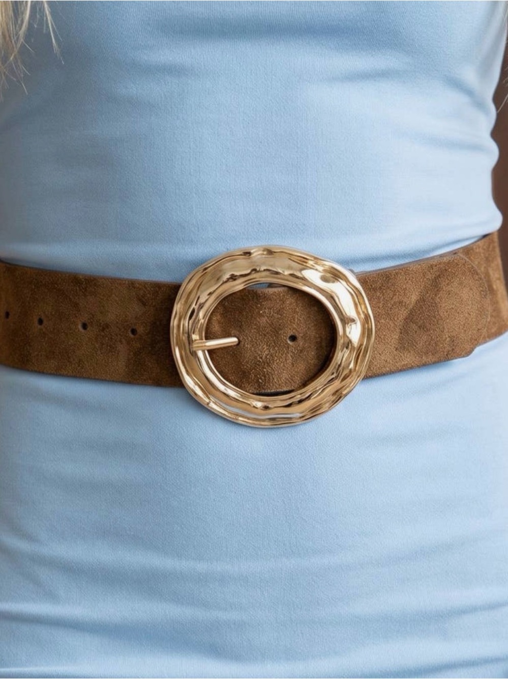 Brown Suede Hammered Round Buckle Belt